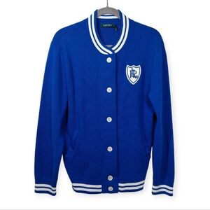 Ralph Lauren Varsity Knit Cardigan Blue Bomber LRL Crest Buttons Women's Large